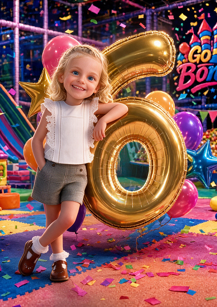 Gloria celebrating beside a gold number six balloon